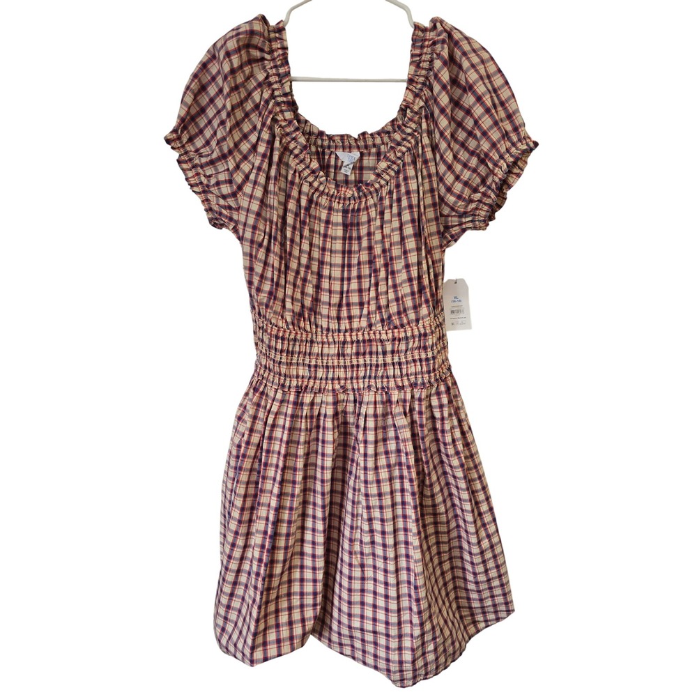 Time and Tru Mini Cottagecore Plaid Blue Red Peasant Dress XL 16-18 Cotton NWT